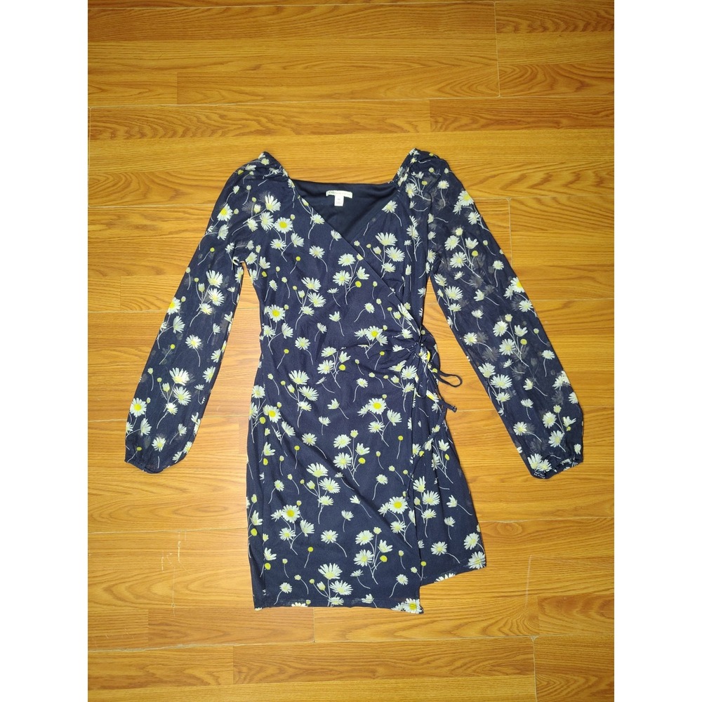 Cato Wrap Dress Womens Medium Blue White Daisy Floral Mesh Long Sleeve V-Neck